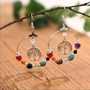 Boho bead charm tree of life wire dangle earring